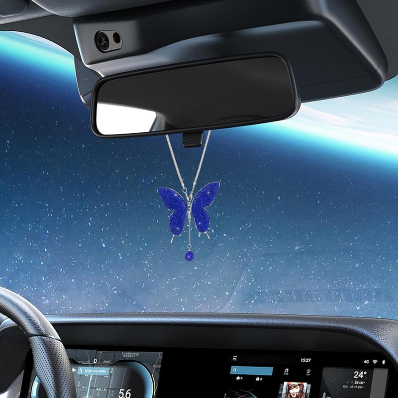 Couslcd Bling Butterfly Diamond Car Accessories, Crystal Car Rear View Mirror Charms for Women, Auto Decoration Lucky Hanging Interior Crystal Ornament Pendant Decor for All Cars (Dark Blue) - Image 5